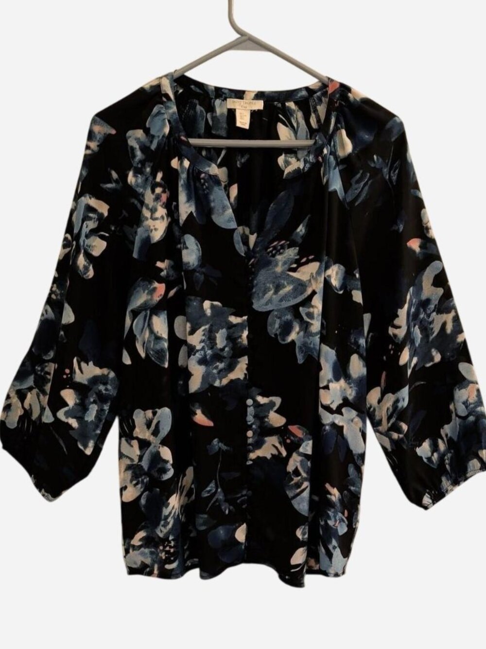 Saint Tropez West Floral Blouse Size L | Navy Blue 3/4 Sleeve